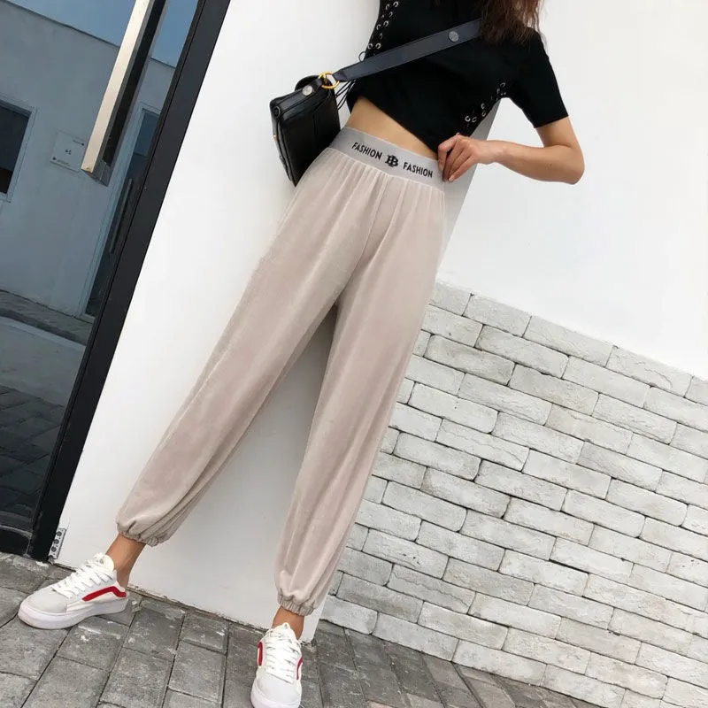 Jogger Casual Ice Silk Drape Wide Leg Pants Women Summer Thin Slim-Look High Waist Straight Floor Length Pants