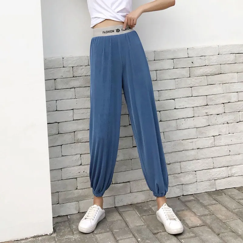 Jogger Casual Ice Silk Drape Wide Leg Pants Women Summer Thin Slim-Look High Waist Straight Floor Length Pants