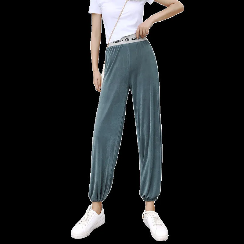 Jogger Casual Ice Silk Drape Wide Leg Pants Women Summer Thin Slim-Look High Waist Straight Floor Length Pants