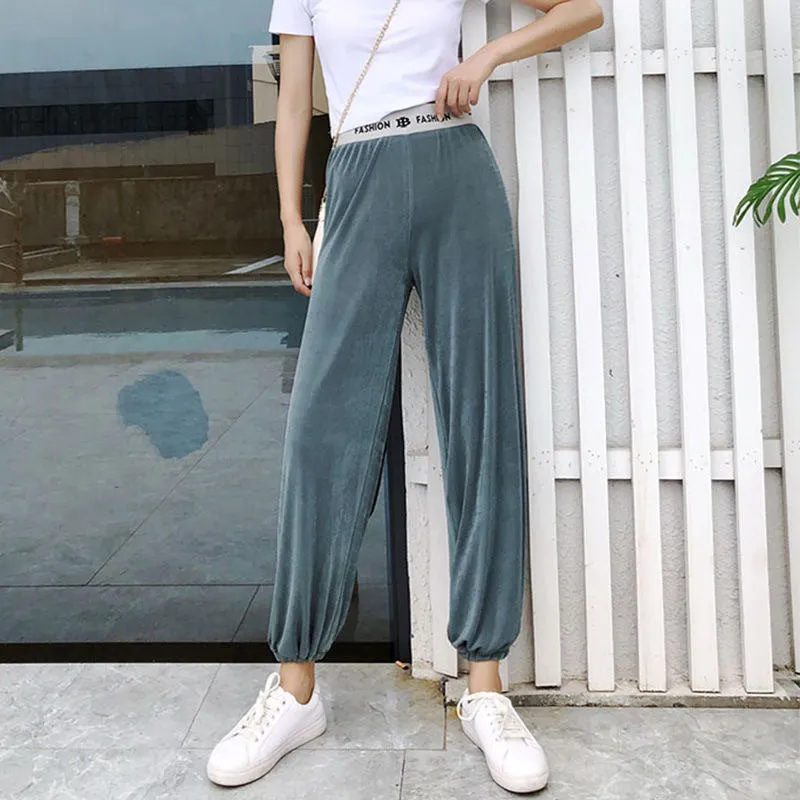 Jogger Casual Ice Silk Drape Wide Leg Pants Women Summer Thin Slim-Look High Waist Straight Floor Length Pants