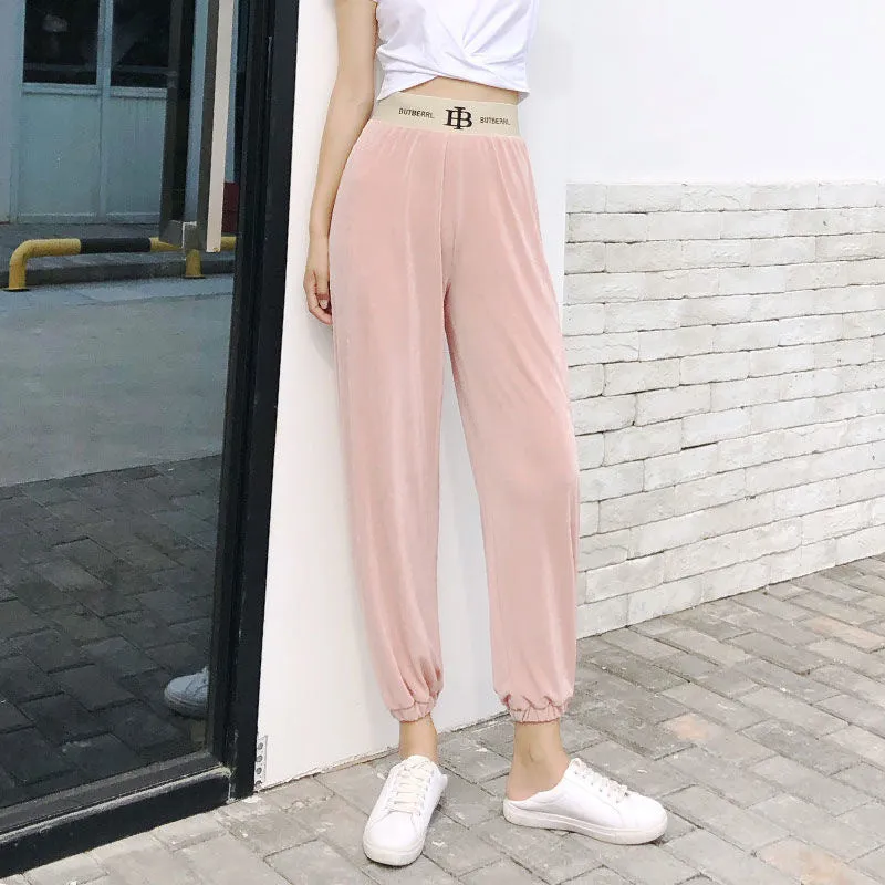 Jogger Casual Ice Silk Drape Wide Leg Pants Women Summer Thin Slim-Look High Waist Straight Floor Length Pants