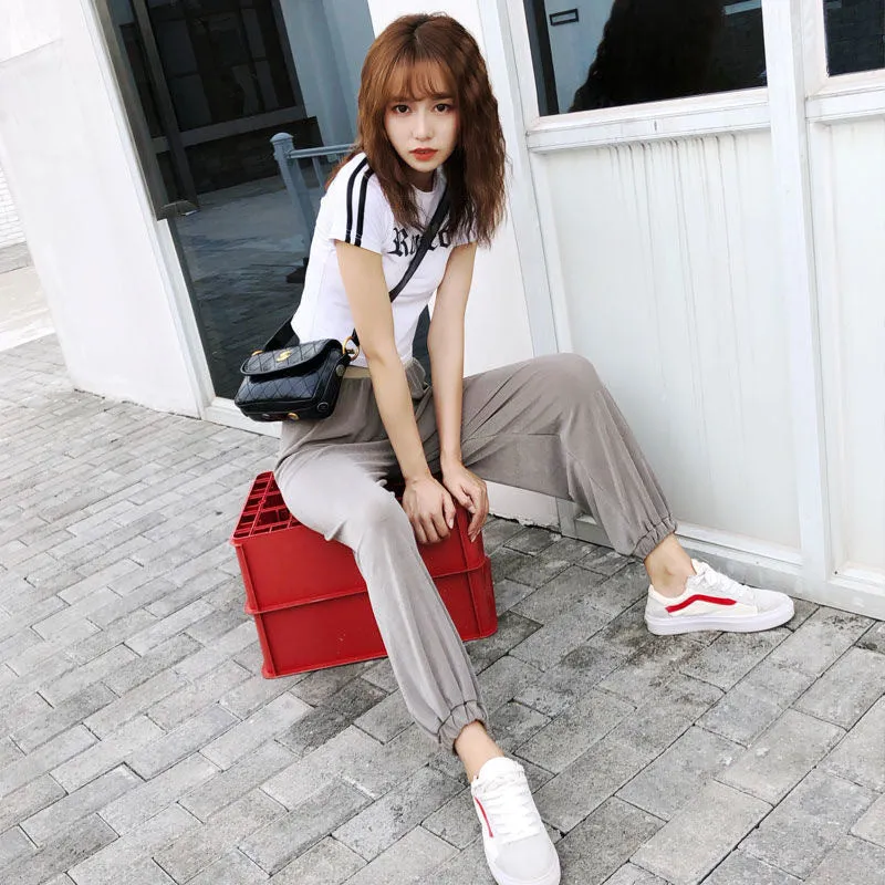 Jogger Casual Ice Silk Drape Wide Leg Pants Women Summer Thin Slim-Look High Waist Straight Floor Length Pants