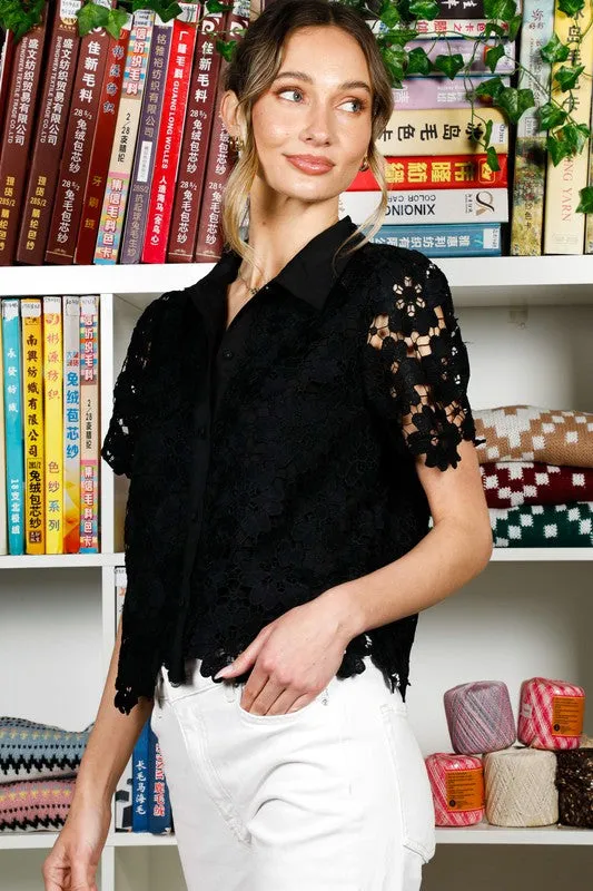 Jordyn Short Sleeve Button Down Floral Lace Top Black