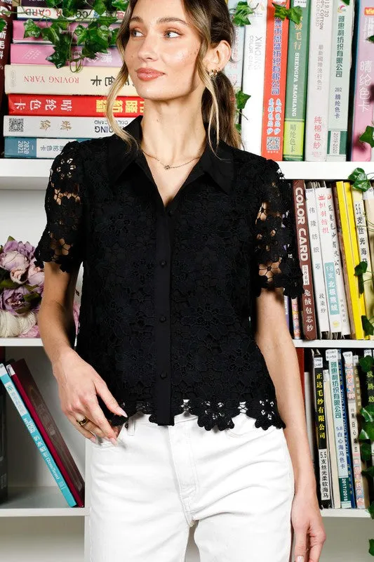 Jordyn Short Sleeve Button Down Floral Lace Top Black