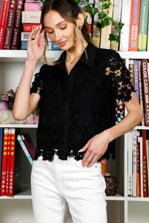 Jordyn Short Sleeve Button Down Floral Lace Top Black