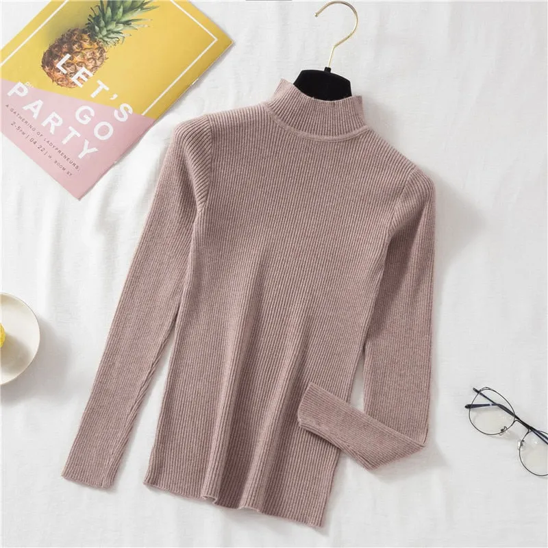 Joskaa Christmas Gift JMPRS Autumn Women Pullover Sweater Fashion Half Turtleneck Knitted Female Jumper Long Sleeve Winter Soft Elastic Blouse 2024