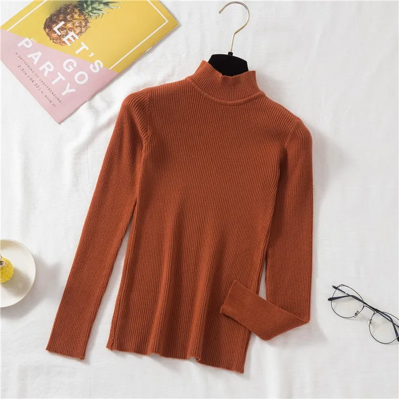 Joskaa Christmas Gift JMPRS Autumn Women Pullover Sweater Fashion Half Turtleneck Knitted Female Jumper Long Sleeve Winter Soft Elastic Blouse 2024