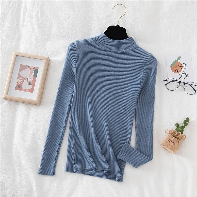 Joskaa Christmas Gift JMPRS Autumn Women Pullover Sweater Fashion Half Turtleneck Knitted Female Jumper Long Sleeve Winter Soft Elastic Blouse 2024