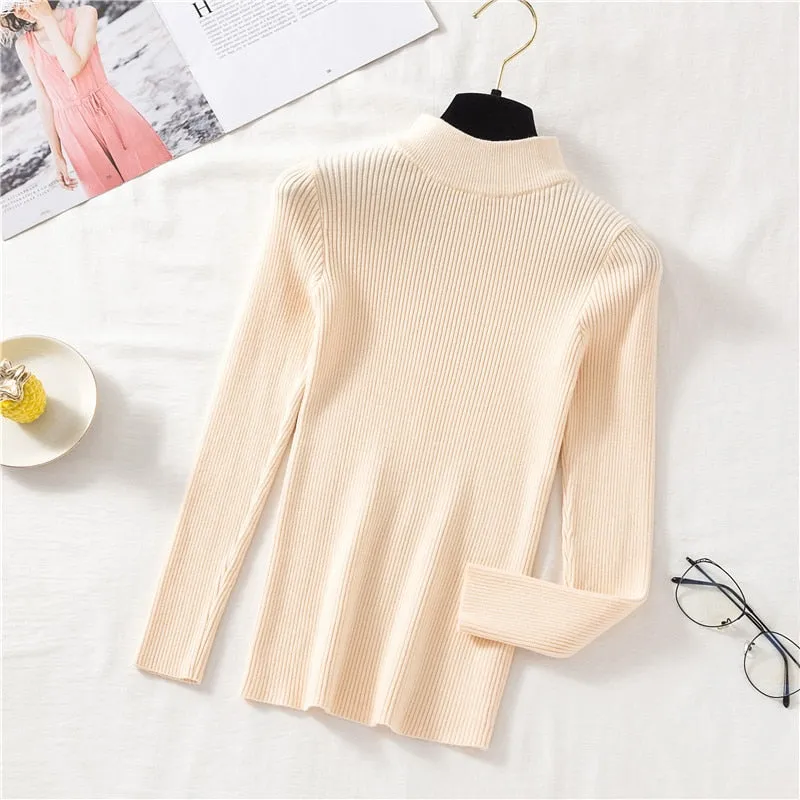 Joskaa Christmas Gift JMPRS Autumn Women Pullover Sweater Fashion Half Turtleneck Knitted Female Jumper Long Sleeve Winter Soft Elastic Blouse 2024