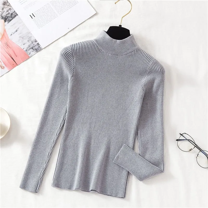 Joskaa Christmas Gift JMPRS Autumn Women Pullover Sweater Fashion Half Turtleneck Knitted Female Jumper Long Sleeve Winter Soft Elastic Blouse 2024