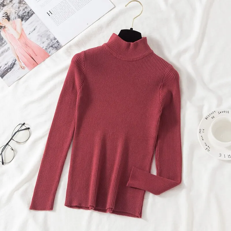 Joskaa Christmas Gift JMPRS Autumn Women Pullover Sweater Fashion Half Turtleneck Knitted Female Jumper Long Sleeve Winter Soft Elastic Blouse 2024