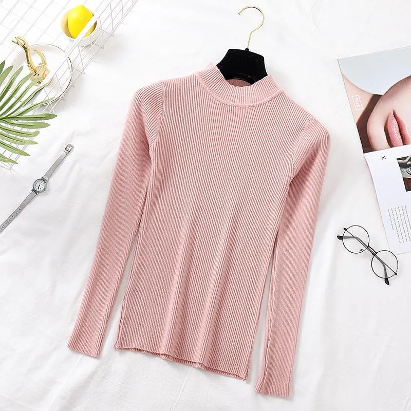 Joskaa Christmas Gift JMPRS Autumn Women Pullover Sweater Fashion Half Turtleneck Knitted Female Jumper Long Sleeve Winter Soft Elastic Blouse 2024
