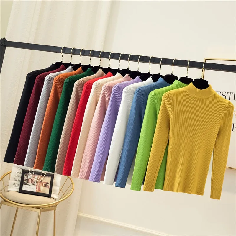 Joskaa Christmas Gift JMPRS Autumn Women Pullover Sweater Fashion Half Turtleneck Knitted Female Jumper Long Sleeve Winter Soft Elastic Blouse 2024