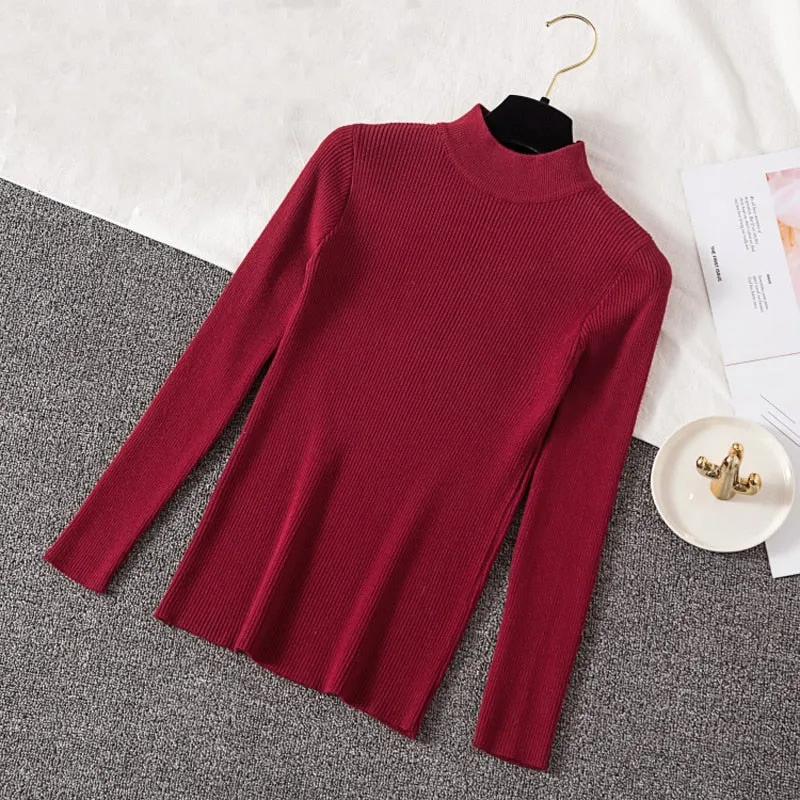 Joskaa Christmas Gift JMPRS Autumn Women Pullover Sweater Fashion Half Turtleneck Knitted Female Jumper Long Sleeve Winter Soft Elastic Blouse 2024
