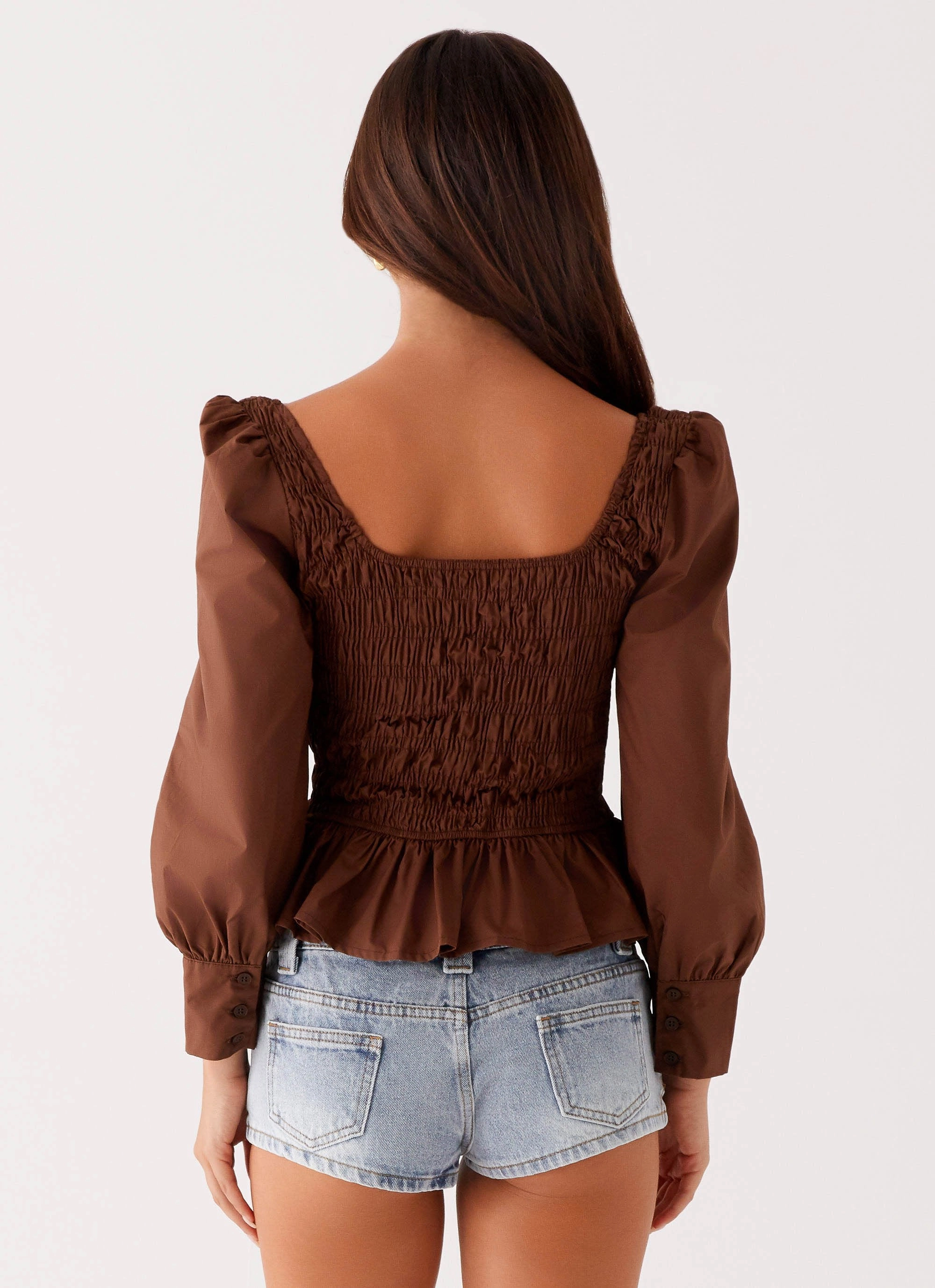 Joyce Long Sleeve Shirred Top - Chocolate