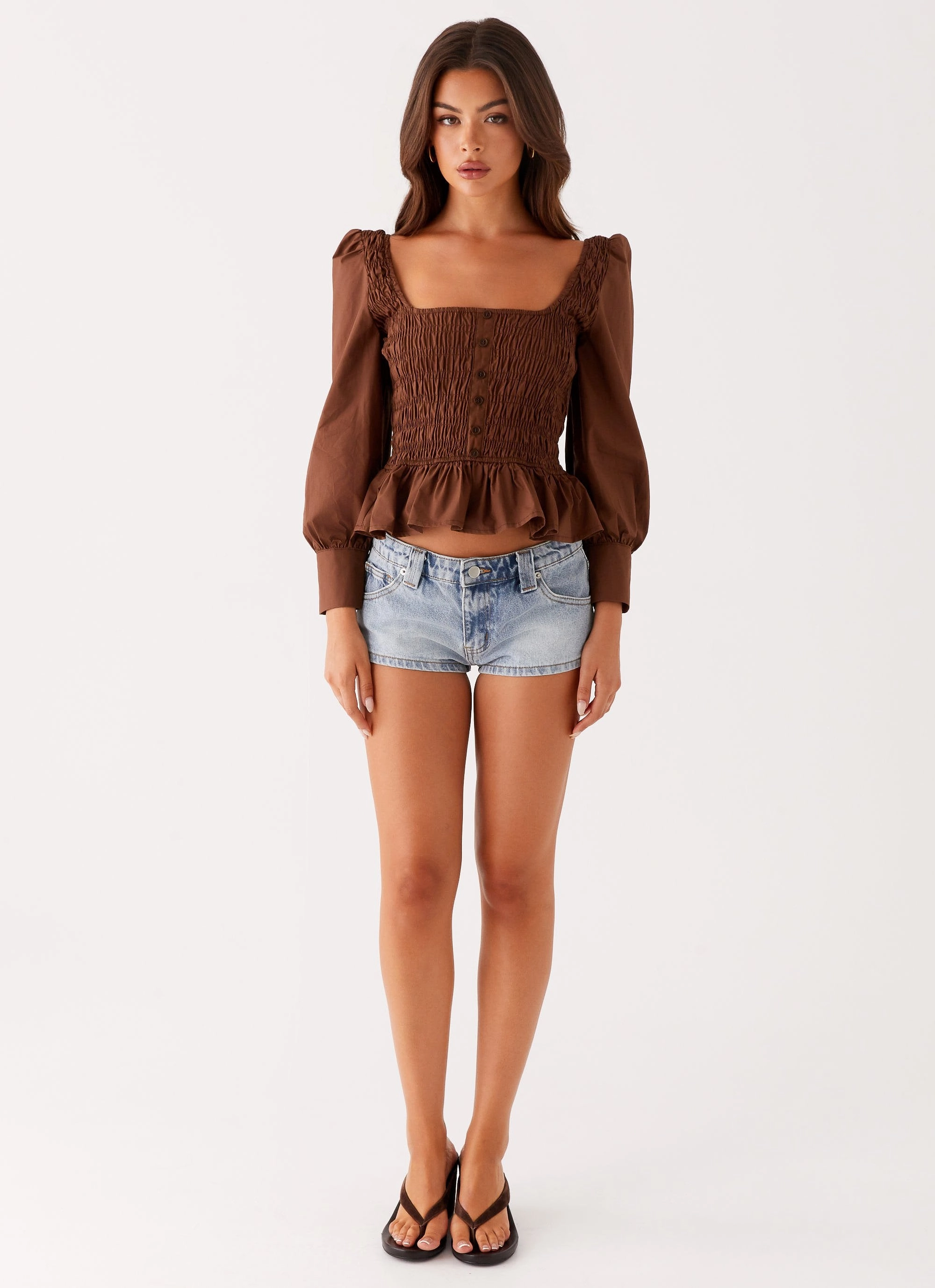 Joyce Long Sleeve Shirred Top - Chocolate
