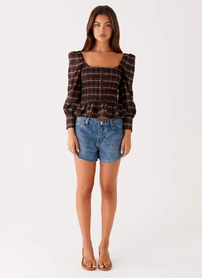 Joyce Long Sleeve Shirred Top - Chocolate Check Joyce Long Sleeve Shirred Top - Chocolate Check