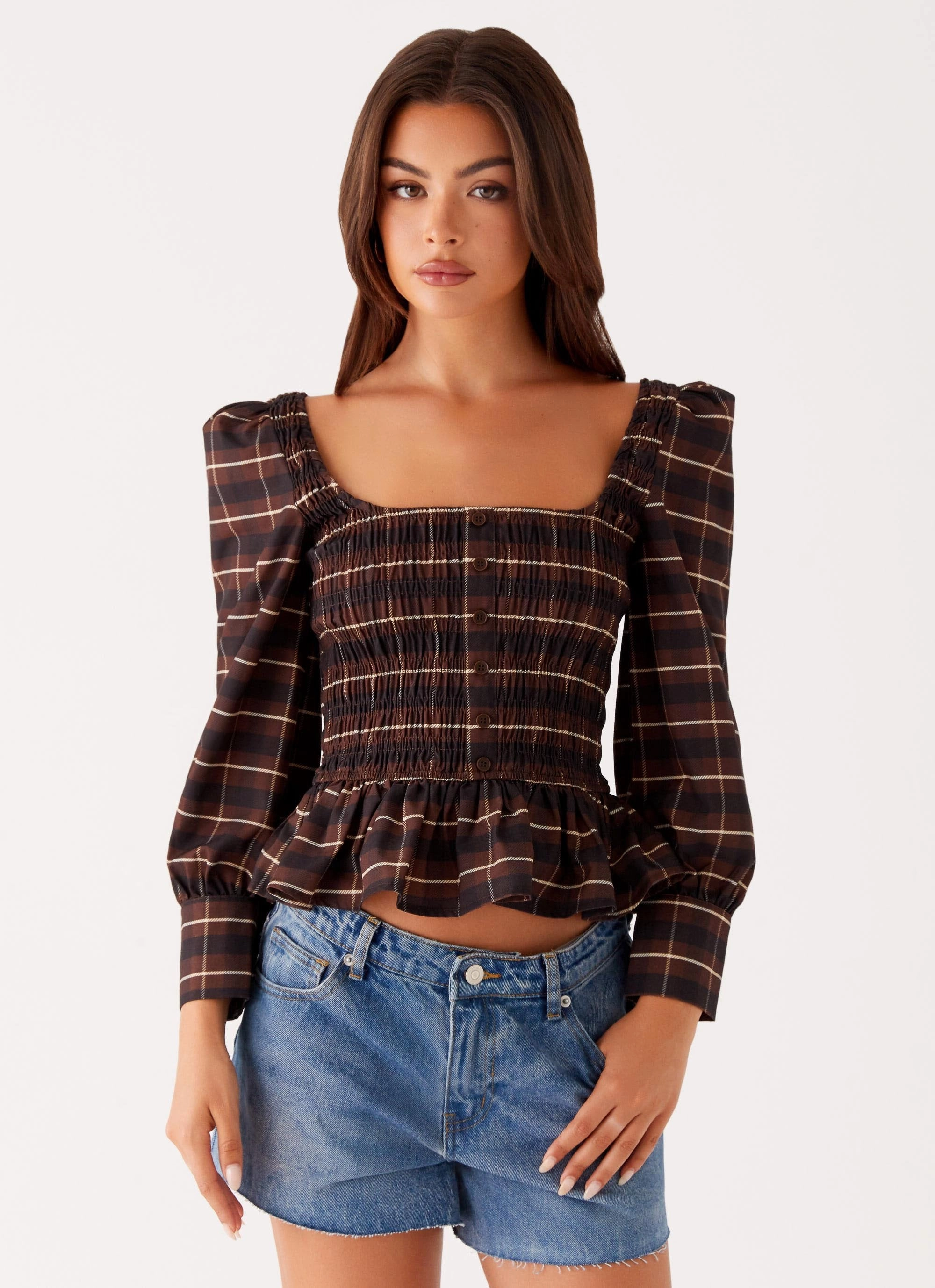 Joyce Long Sleeve Shirred Top - Chocolate Check