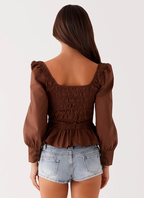 Joyce Long Sleeve Shirred Top - Chocolate Joyce Long Sleeve Shirred Top - Chocolate