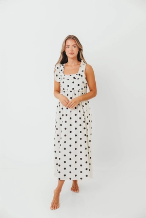 Julia 100% Cotton Polka Dot Midi Dress in Cream/Black Julia 100% Cotton Polka Dot Midi Dress in Cream/Black