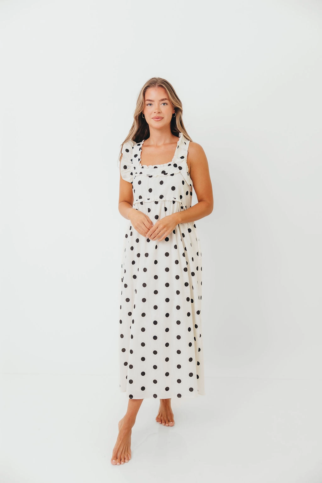 Julia 100% Cotton Polka Dot Midi Dress in Cream/Black