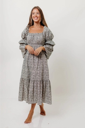 Julianna 100% Cotton Floral Print Tiered Midi Dress in Cream/Dark Navy Julianna 100% Cotton Floral Print Tiered Midi Dress in Cream/Dark Navy