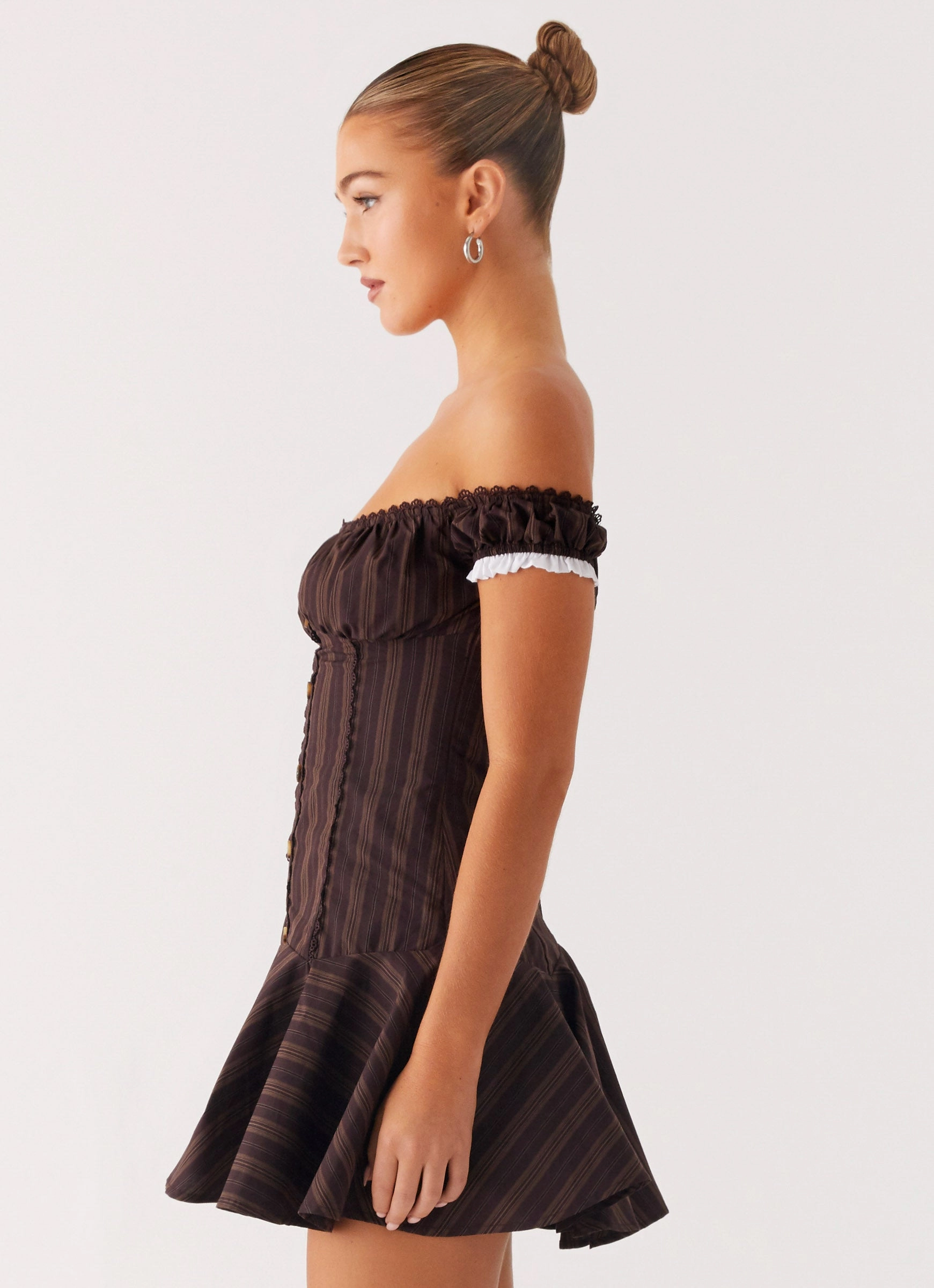 Jumana Off Shoulder Mini Dress - Toffee Stripe