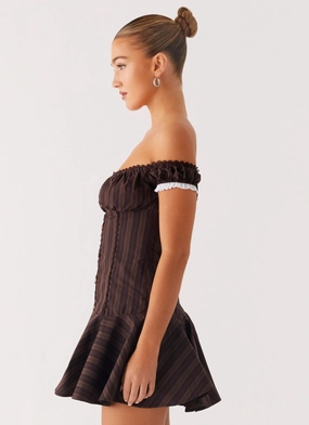 Jumana Off Shoulder Mini Dress - Toffee Stripe Jumana Off Shoulder Mini Dress - Toffee Stripe
