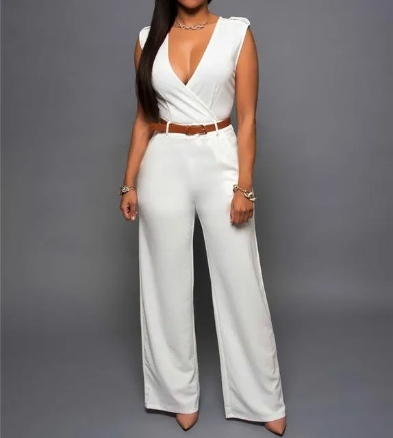 Jumpsuit Long Pants For Women Rompers Sleeveless V -Neck Summer Wide Leg Jumpsuirt With Belt Sexy Club Party