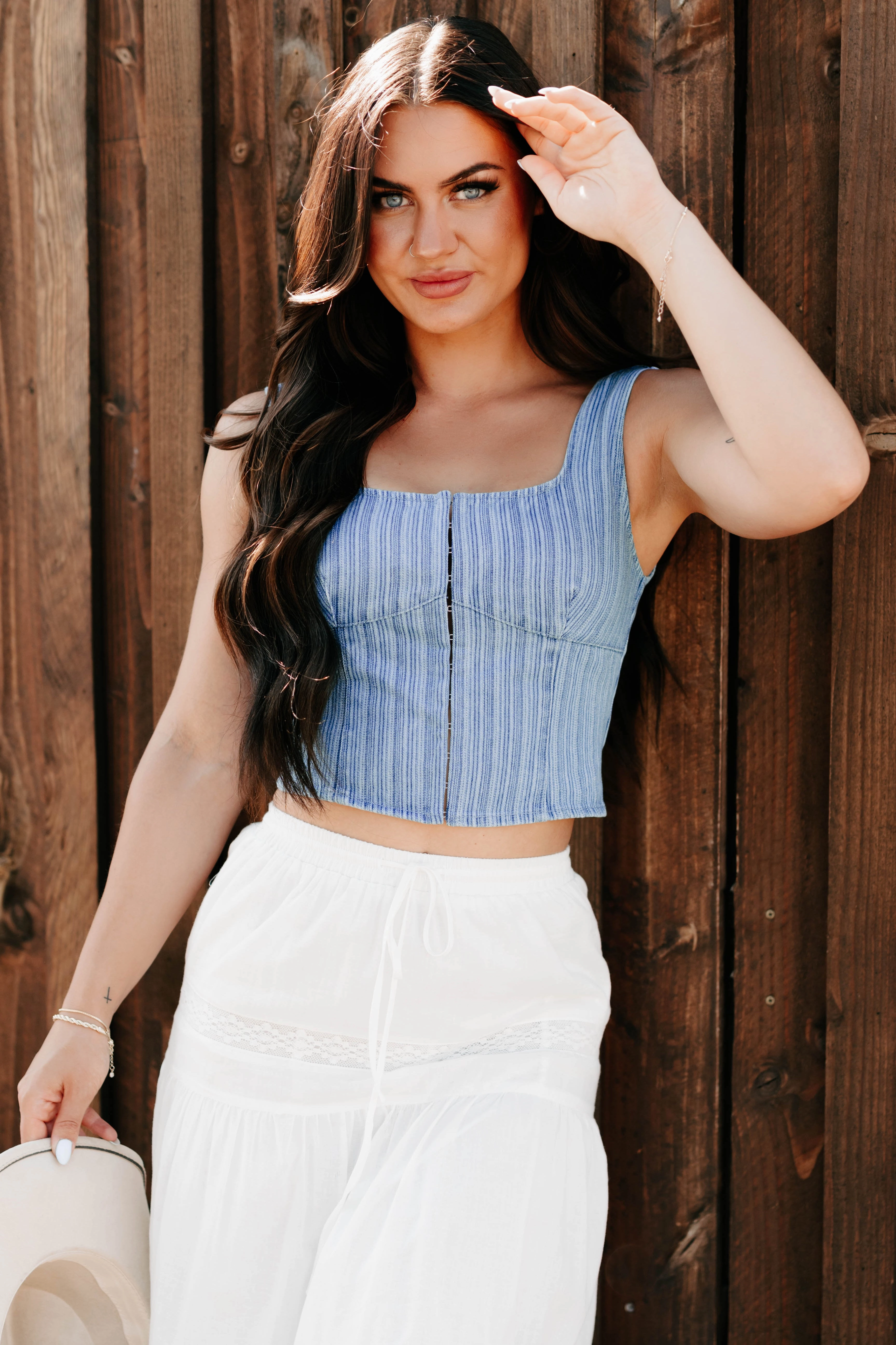 Just Killing Time Striped Denim Corset Top (Denim)