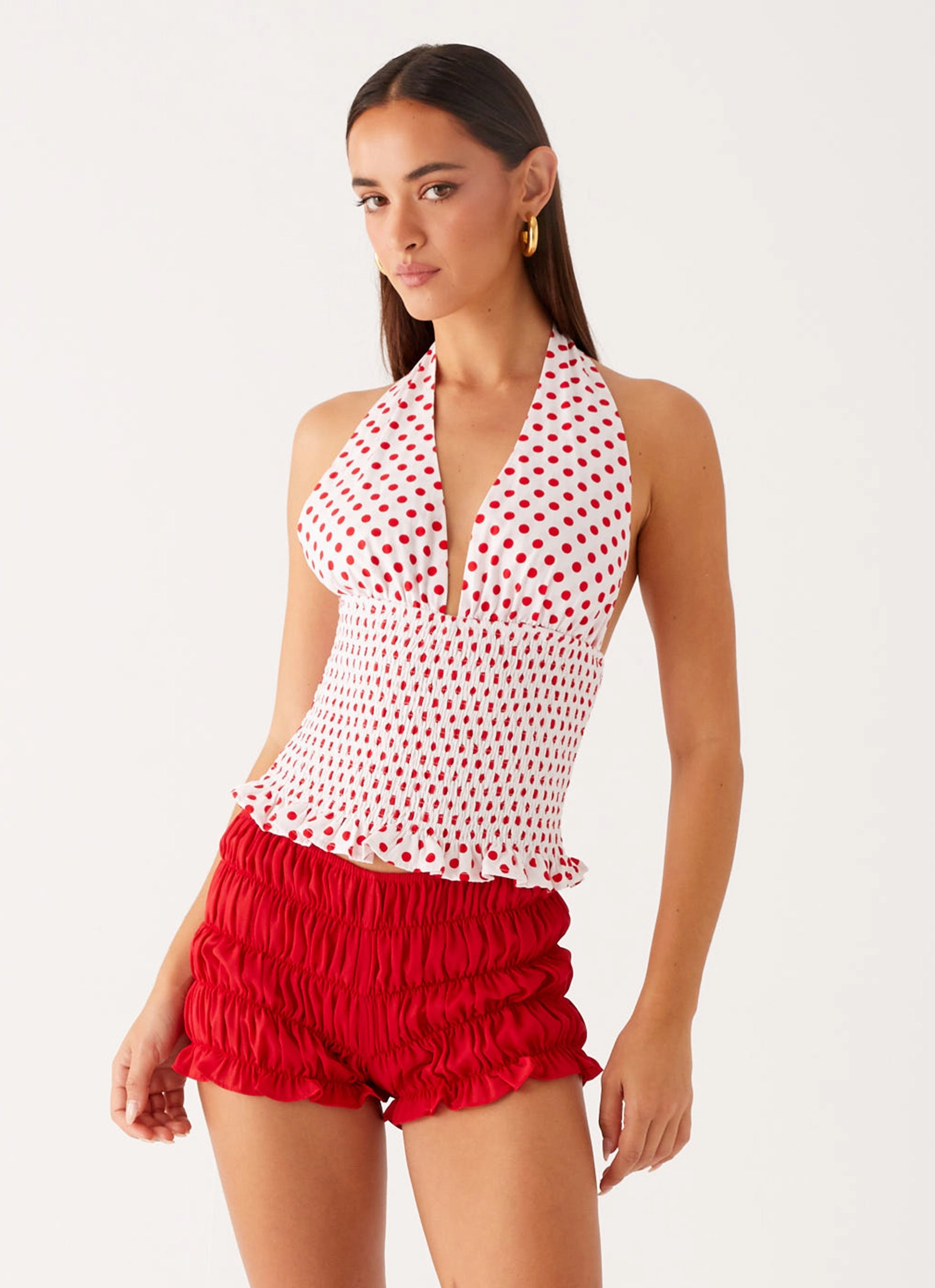 Kamren Halter Top - White Red Polka Dot