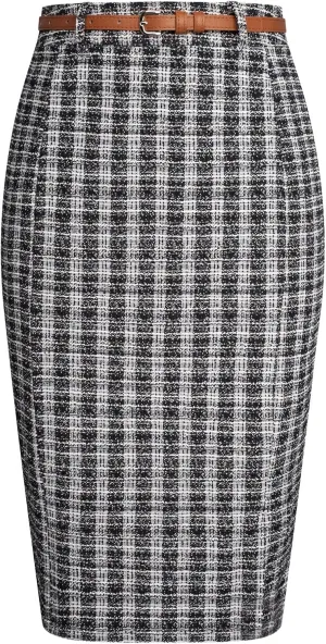 Kate Kasin Women's Tweed Pencil Skirt Knee Length High Waisted Skirts with Slit Elegant Skirts with Belt