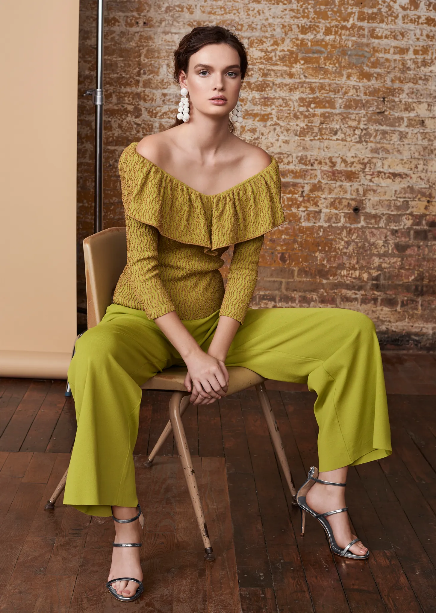 Katriane - Off-Shoulder Ruffled Top with Metallic Textured Wave