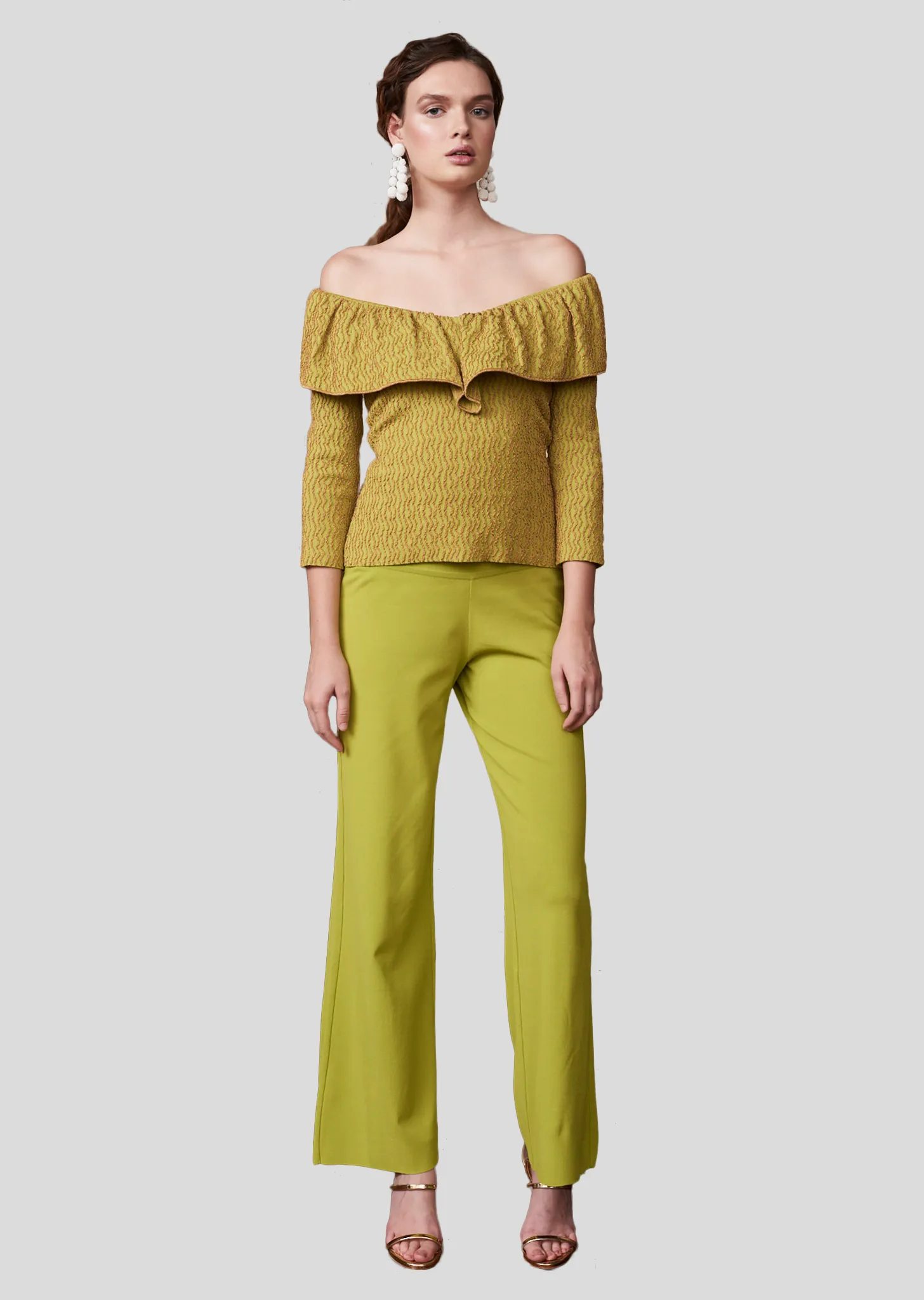 Katriane - Off-Shoulder Ruffled Top with Metallic Textured Wave