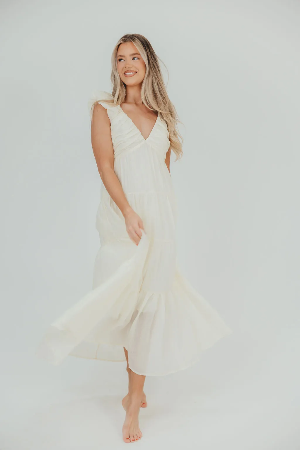 Katy Pleated Bodice Midi Dress in Cream - Bump Friendly