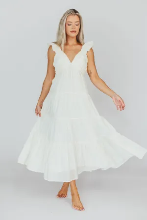 Katy Pleated Bodice Midi Dress in Cream - Bump Friendly