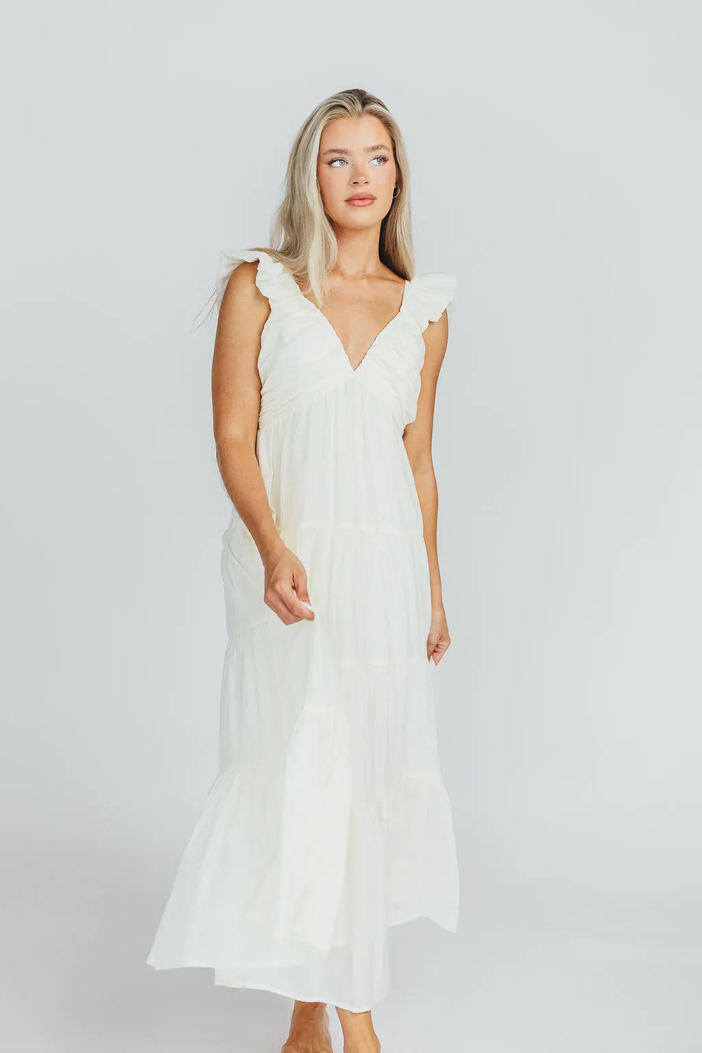 Katy Pleated Bodice Midi Dress in Cream - Bump Friendly