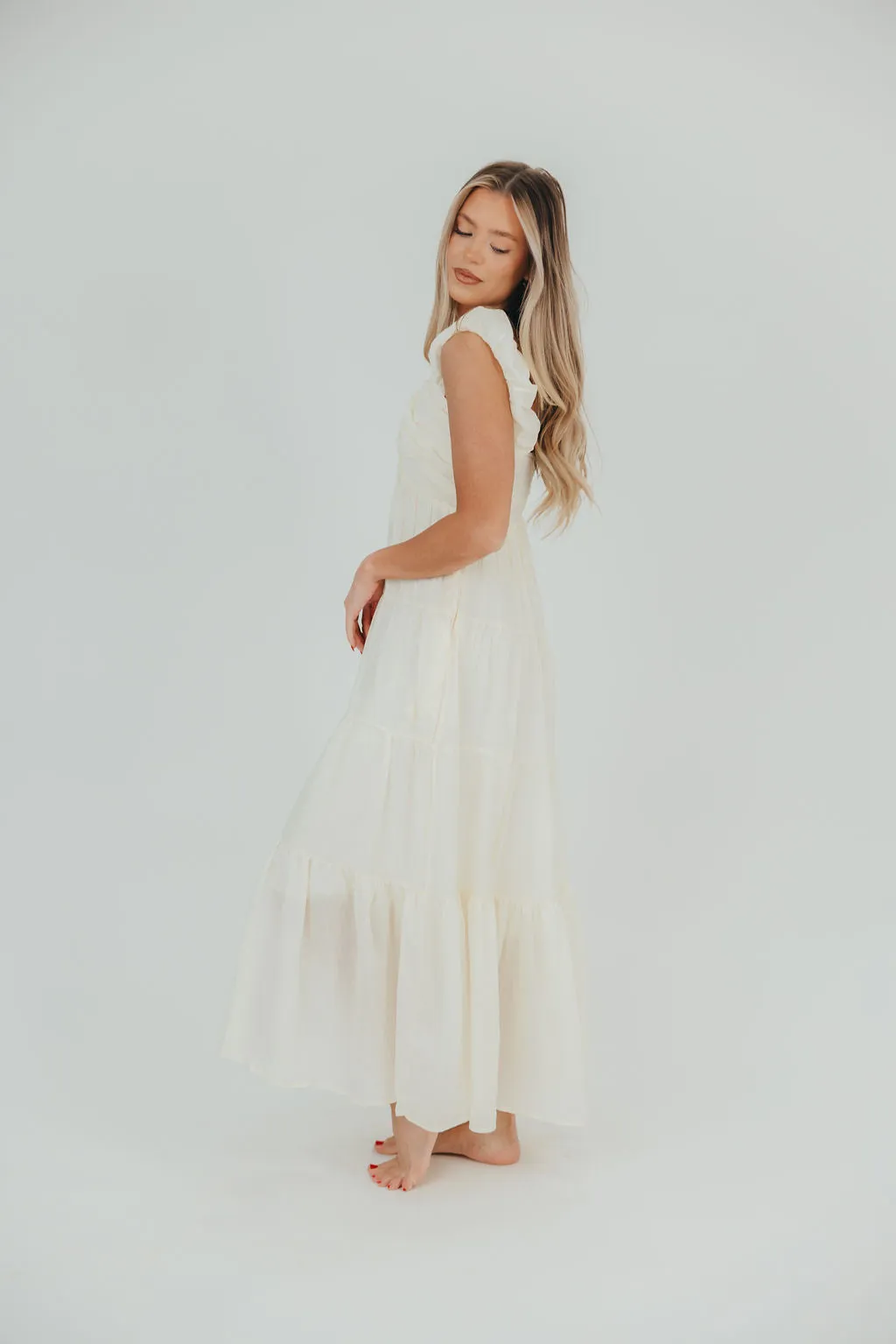 Katy Pleated Bodice Midi Dress in Cream - Bump Friendly