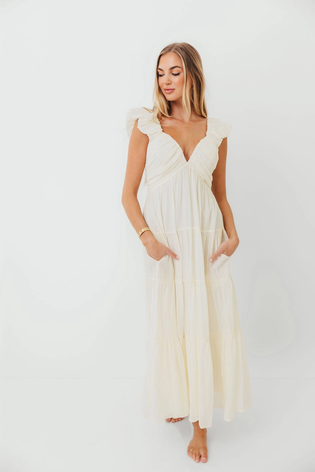 Katy Pleated Bodice Maxi Dress in Cream - Bump Friendly - Restocking End of Sept