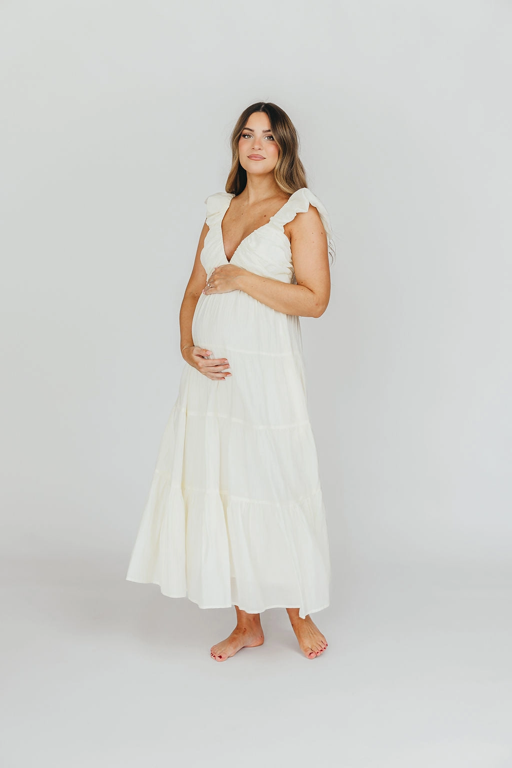 Katy Pleated Bodice Maxi Dress in Cream - Bump Friendly - Restocking End of Sept
