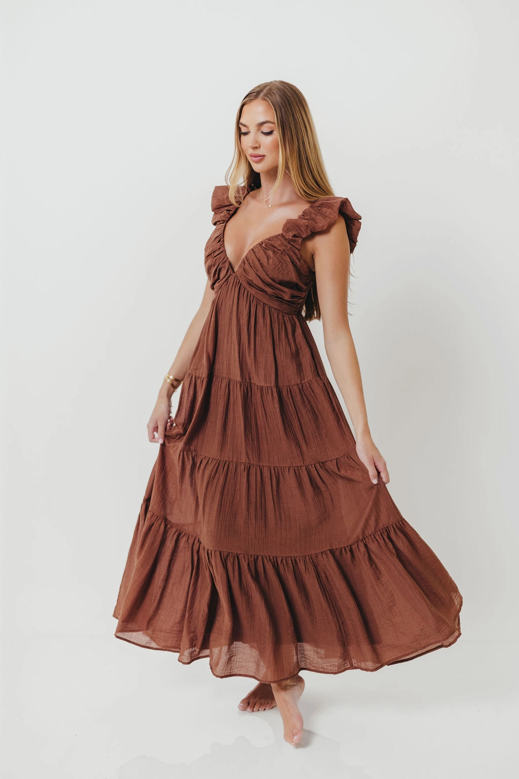Katy Pleated Bodice Maxi Dress in Hazelnut - Bump Friendly