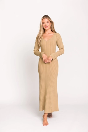 Keaton Knit Maxi Dress with V-Neckline in Beige Keaton Knit Maxi Dress with V-Neckline in Beige