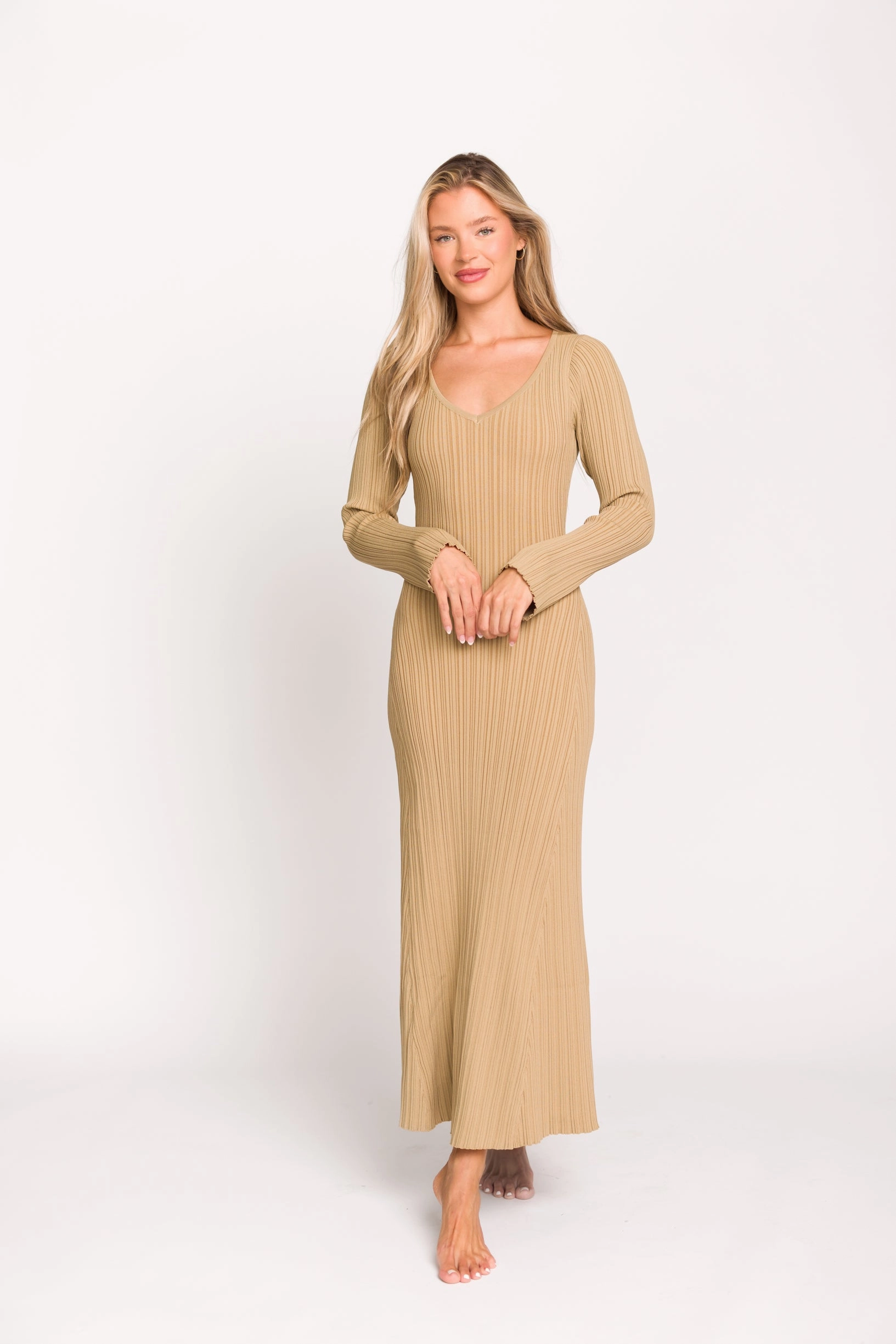 Keaton Knit Maxi Dress with V-Neckline in Beige