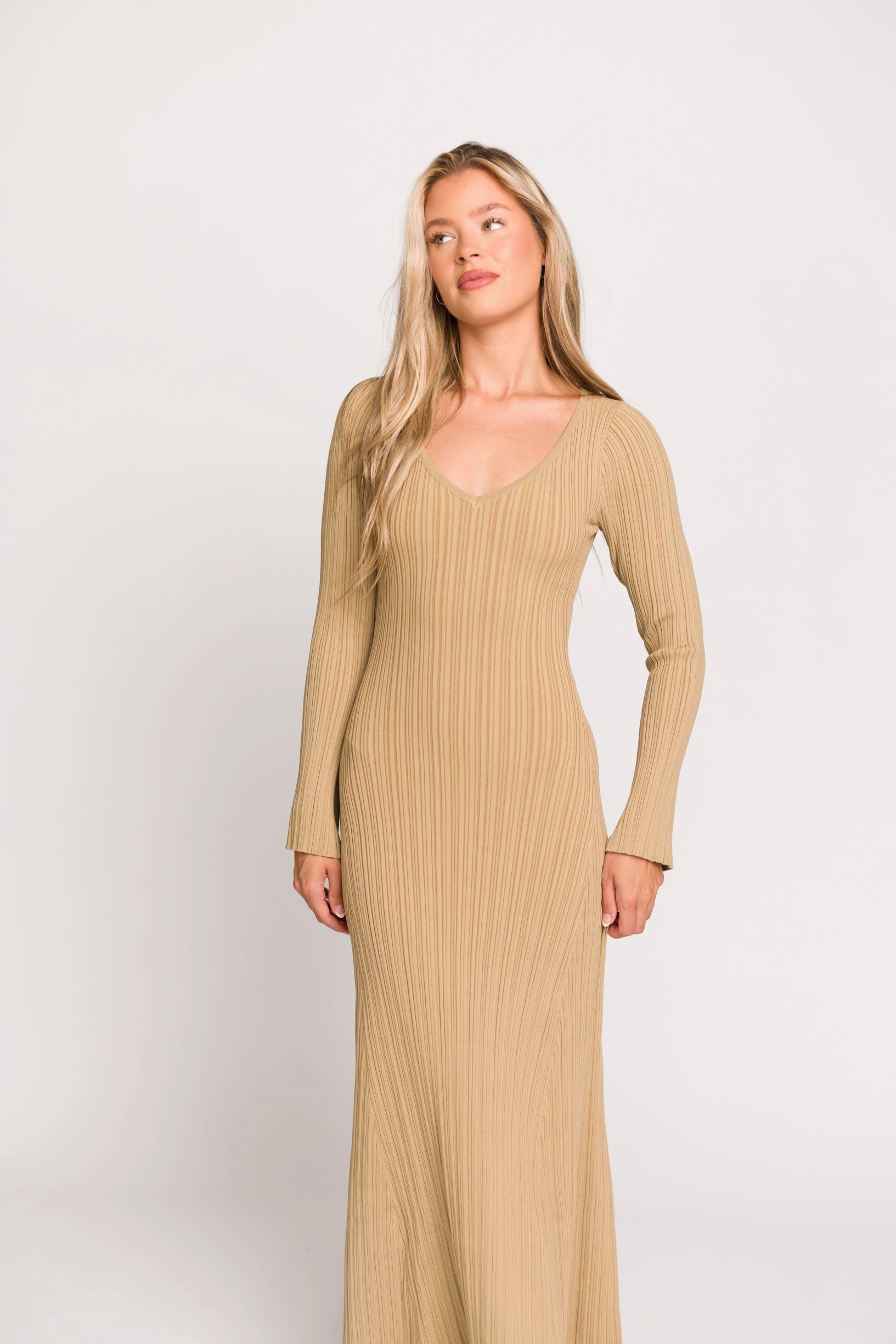 Keaton Knit Maxi Dress with V-Neckline in Beige