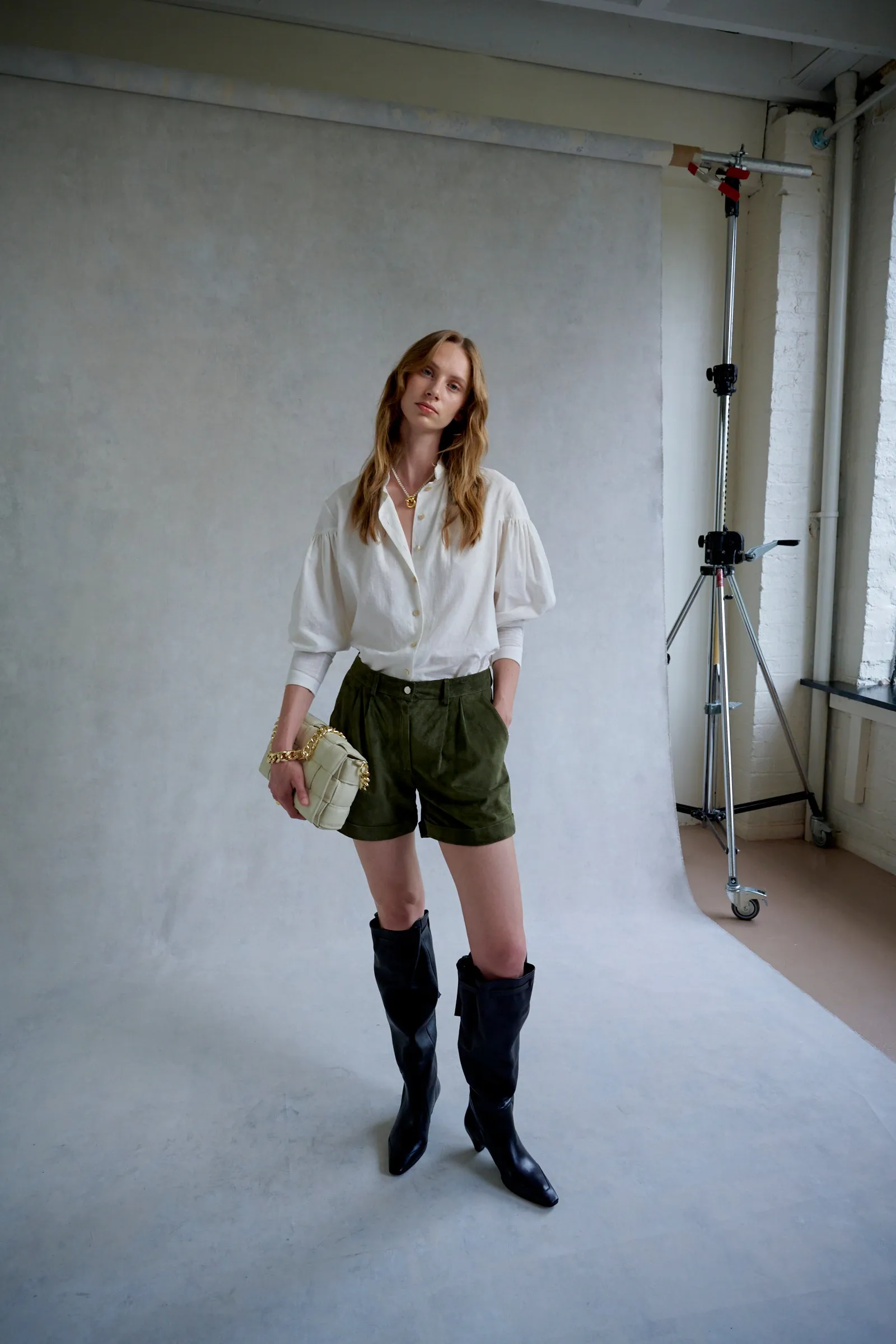 Khaki Suede Tailored Shorts