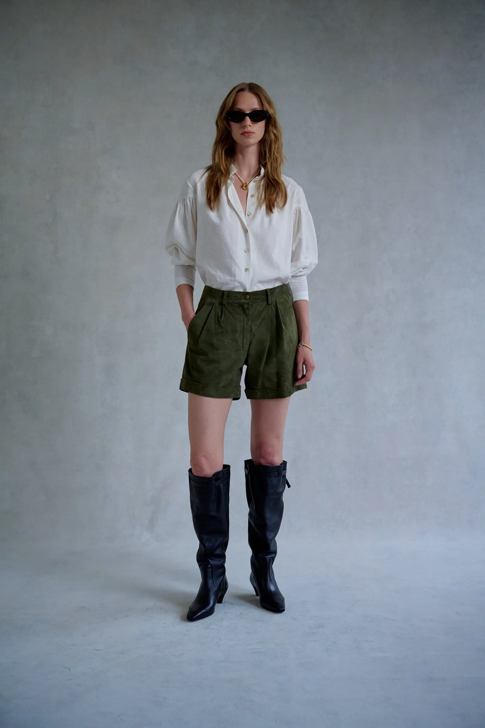 Khaki Suede Tailored Shorts