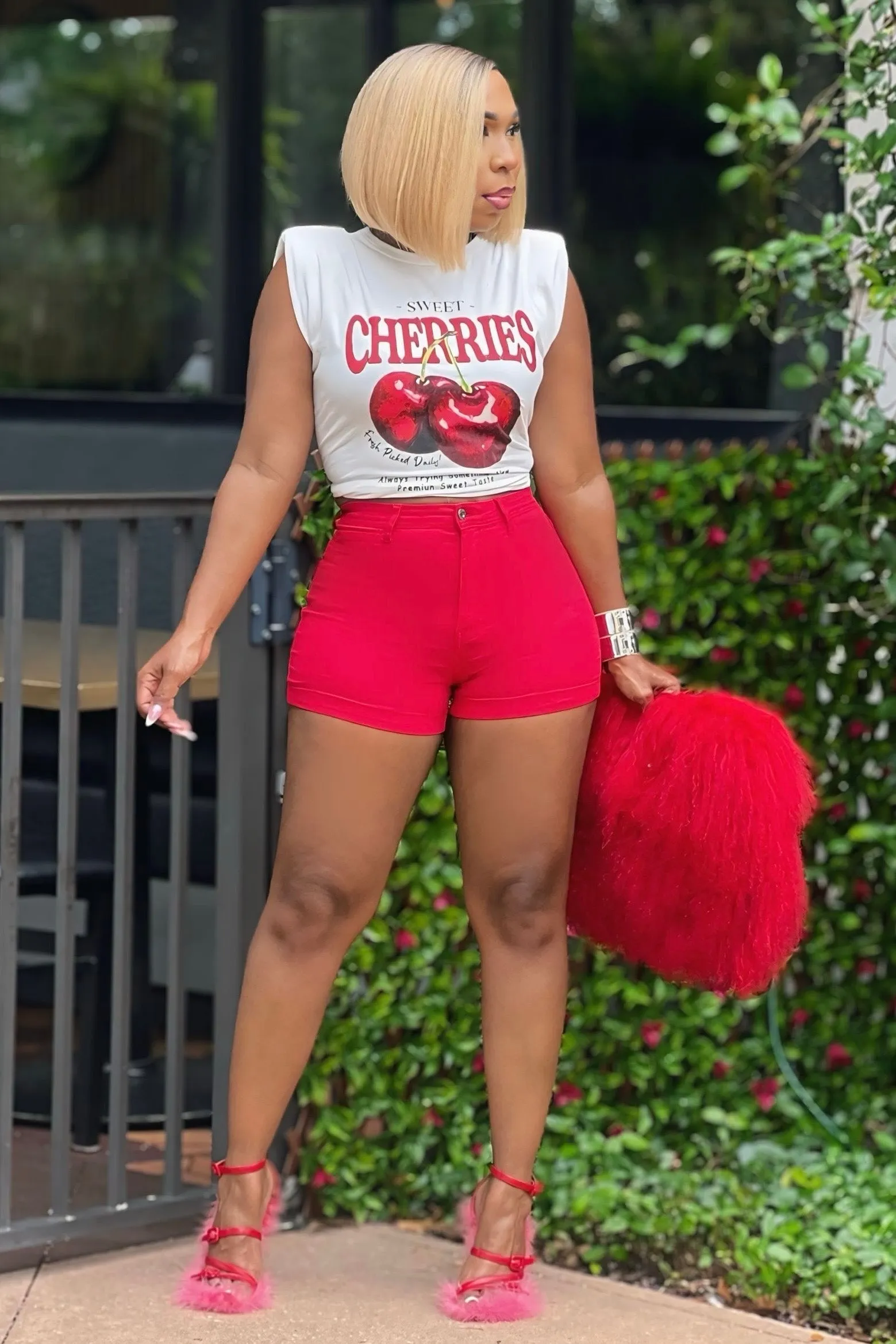 Kia CHERRY POP HIGH-WAIST DENIM SHORTS