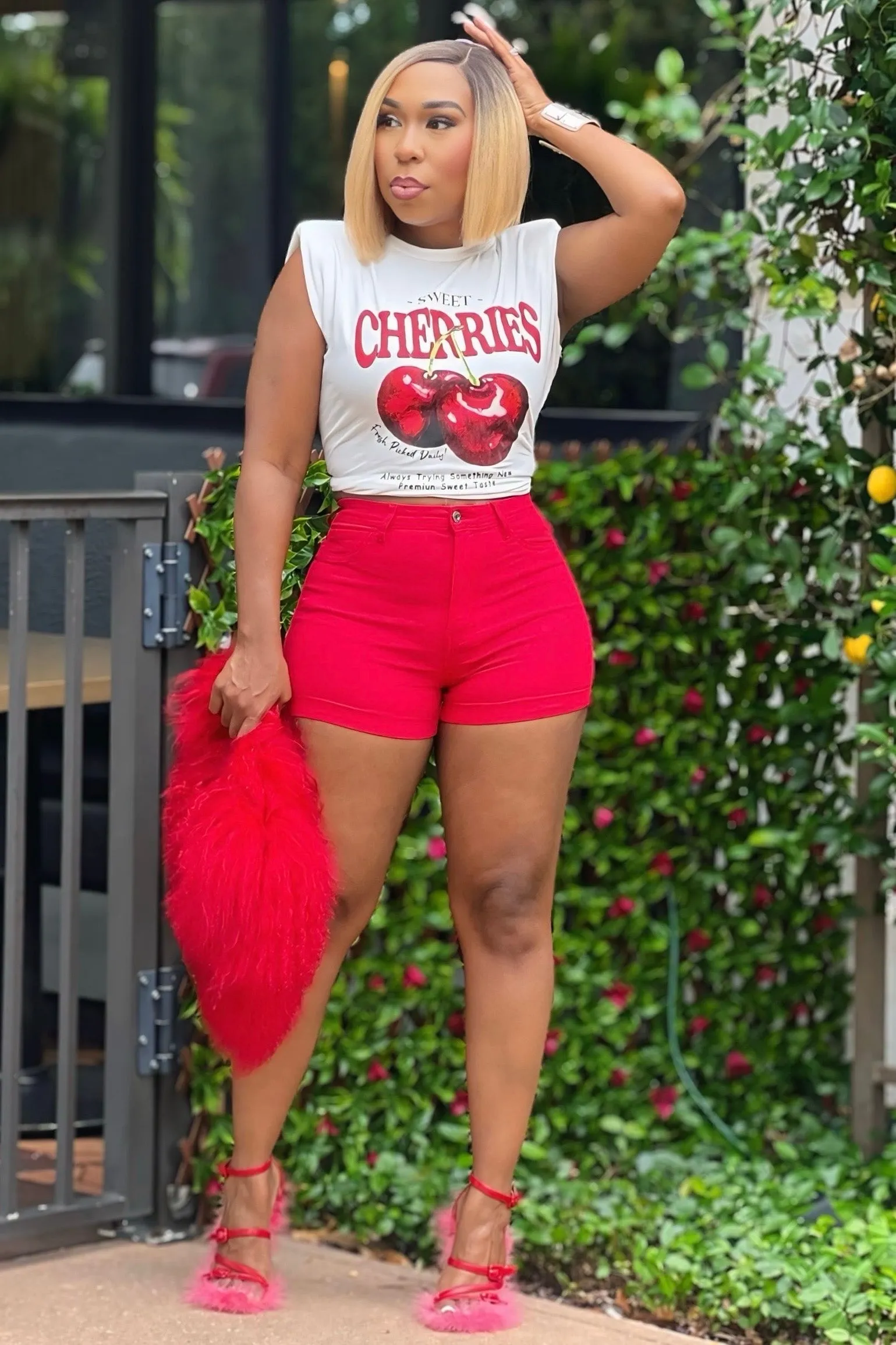 Kia CHERRY POP HIGH-WAIST DENIM SHORTS
