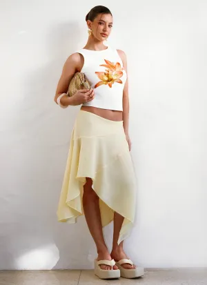 Kia Low Rise Asymmetrical Midi Skirt - Yellow Kia Low Rise Asymmetrical Midi Skirt - Yellow
