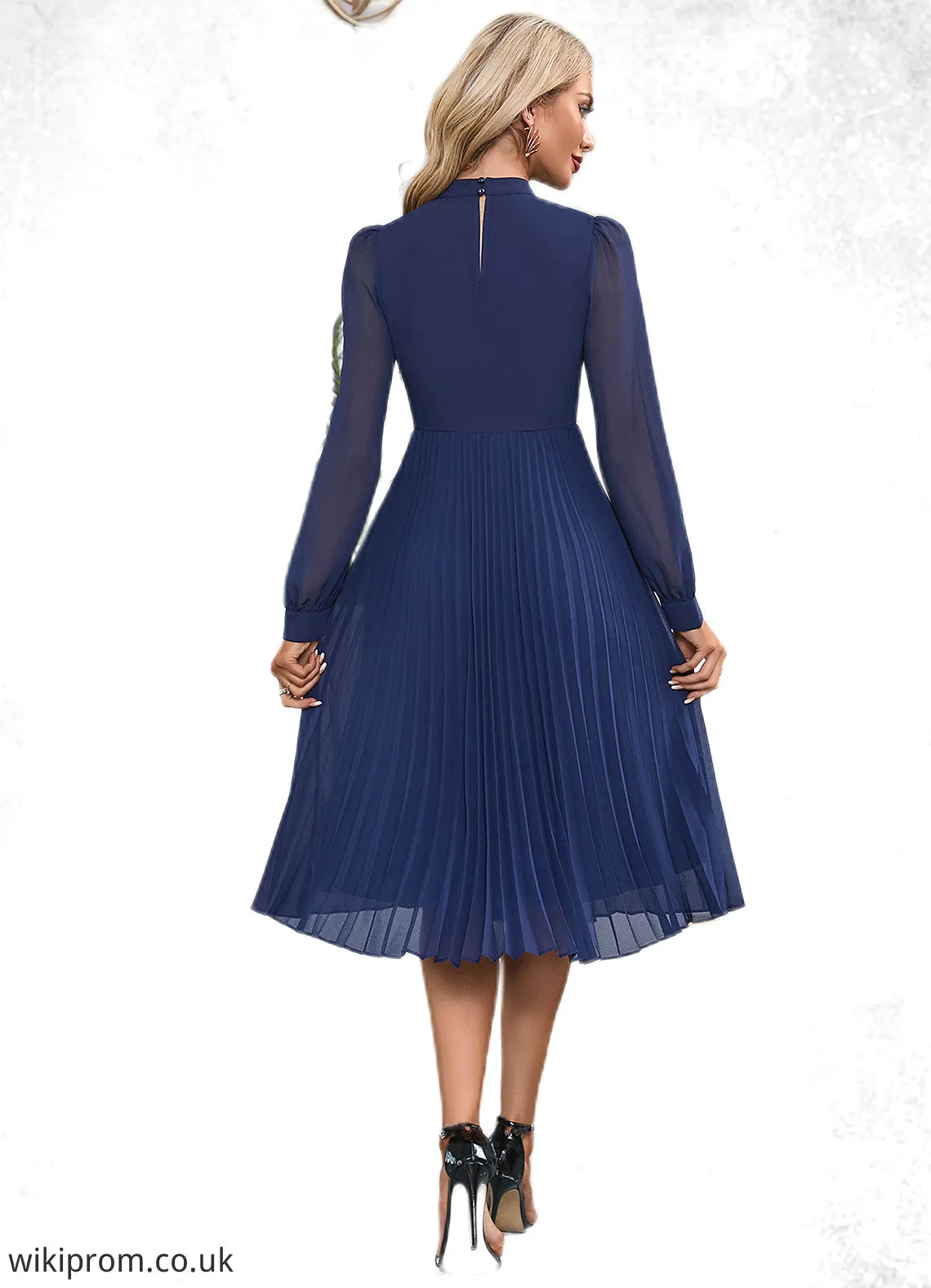 Kiera Pleated High Neck Elegant A-line Chiffon Midi Dresses SWKP0022416